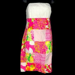 Pily Pulitzer Strapless Pink Bright Patchwork Dress Women's Size 8 Pleated Bow